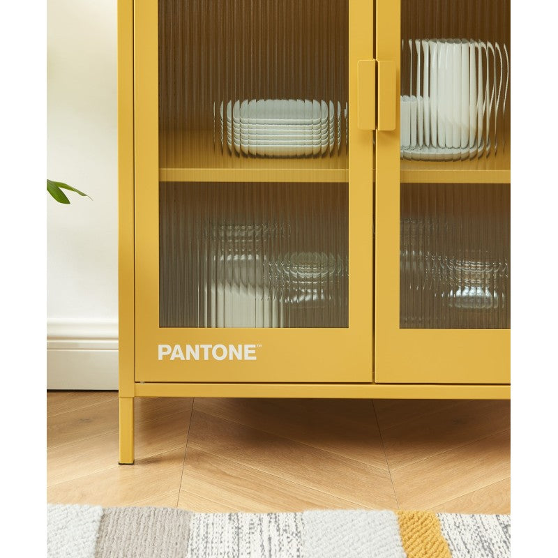 Buffet PANTONE en verre cannelé et métal jaune moutarde 2 portes 75cm
