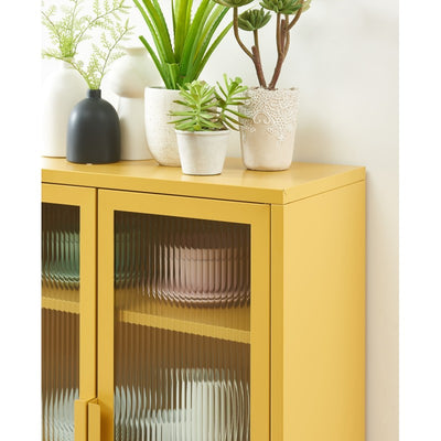 Buffet PANTONE en verre cannelé et métal jaune moutarde 2 portes 75cm
