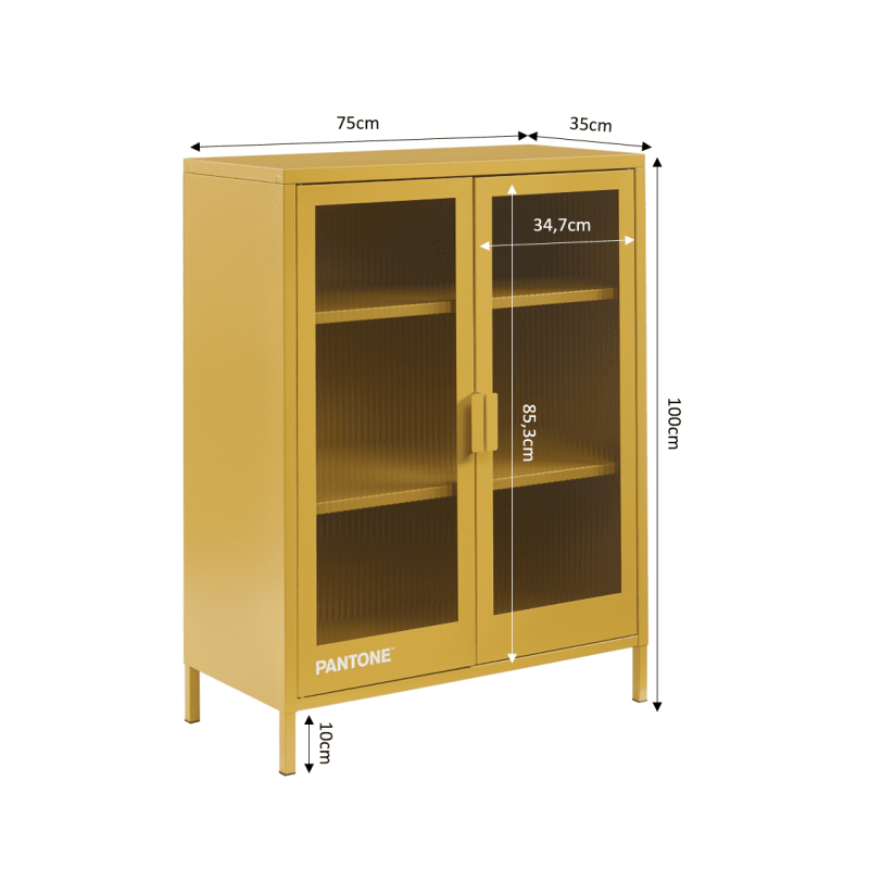 Buffet PANTONE en verre cannelé et métal jaune moutarde 2 portes 75cm