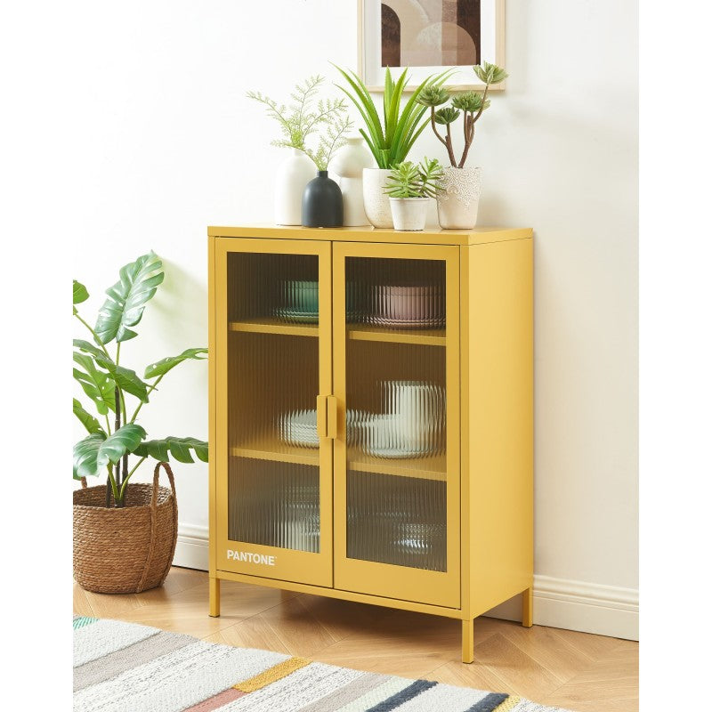 Buffet PANTONE en verre cannelé et métal jaune moutarde 2 portes 75cm