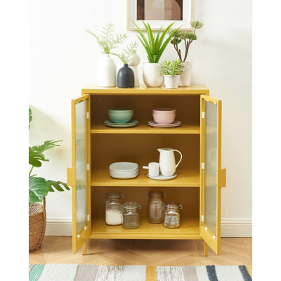 Buffet PANTONE en verre cannelé et métal jaune moutarde 2 portes 75cm