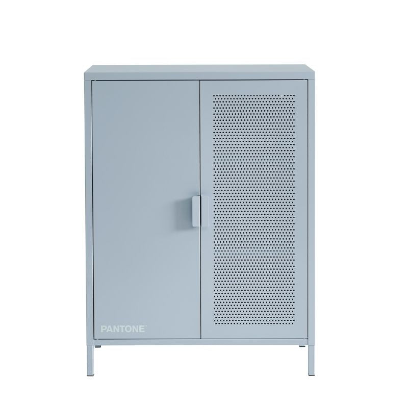 Buffet haut 2 portes 75cm métal gris bleu, rangement vaisselle salle de bain ou séjour