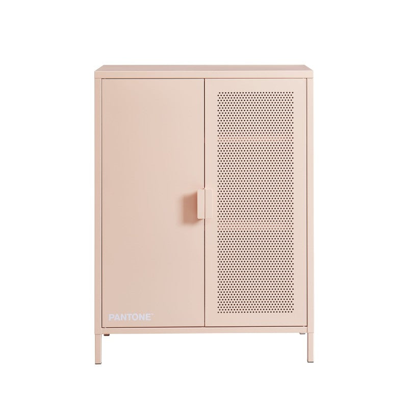 Buffet haut 2 portes 75cm métal rose blush, rangement séjour ou salle de bain