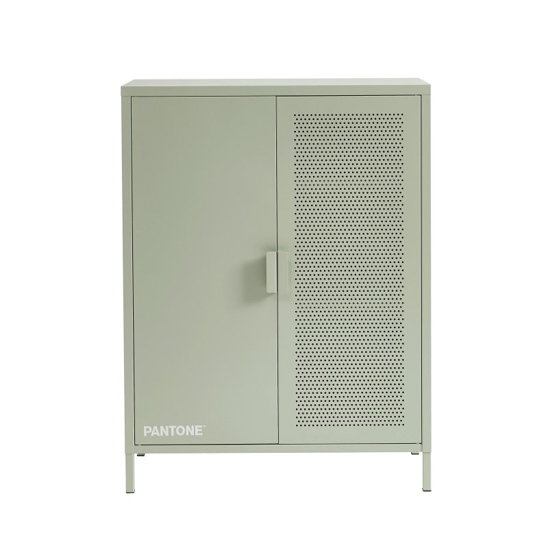 Buffet haut 2 portes 75cm coloris vert amande métal, rangement séjour ou salle de bain
