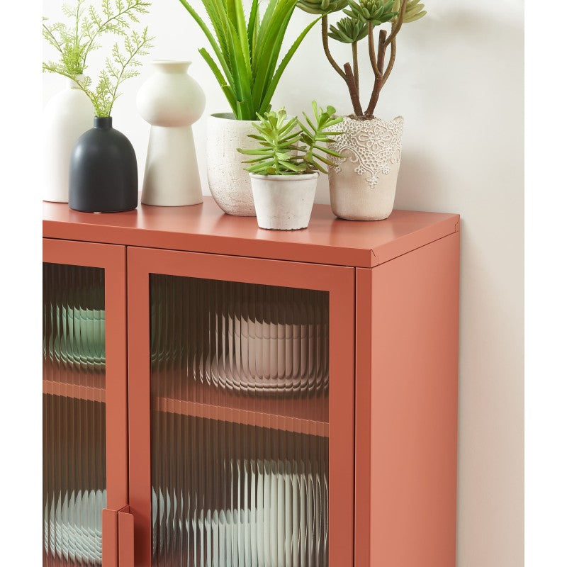 Buffet PANTONE en verre cannelé et métal terracotta 2 portes 75cm