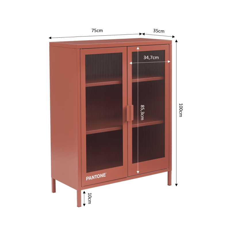Buffet PANTONE en verre cannelé et métal terracotta 2 portes 75cm