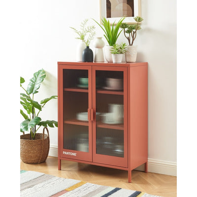 Buffet PANTONE en verre cannelé et métal terracotta 2 portes 75cm