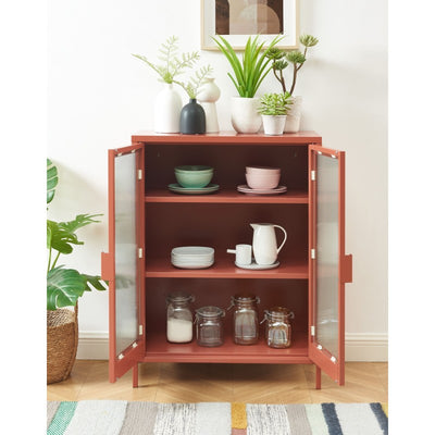 Buffet PANTONE en verre cannelé et métal terracotta 2 portes 75cm