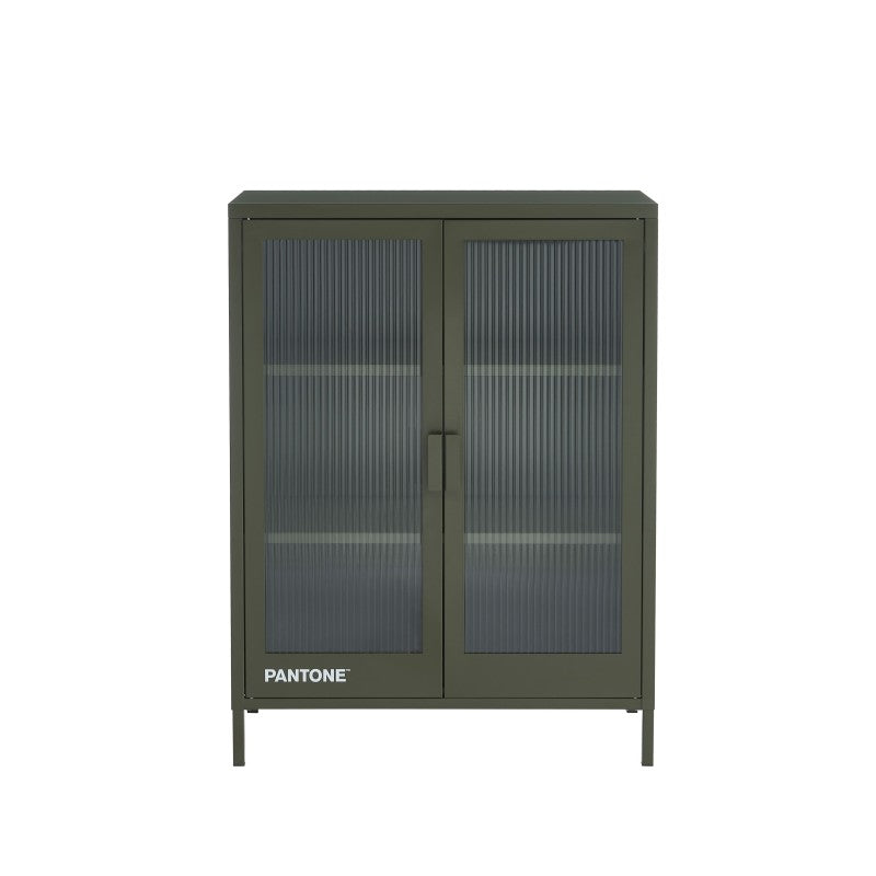 Buffet 2 portes 75cm verre cannelé et métal vert olive foncé, rangement salon ou salle de bain