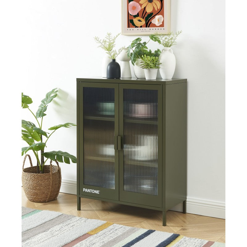 Buffet PANTONE en verre cannelé et métal vert olive foncé 2 portes 75cm