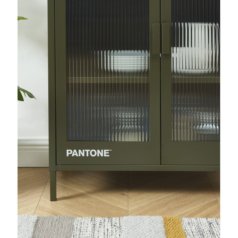 Buffet PANTONE en verre cannelé et métal vert olive foncé 2 portes 75cm