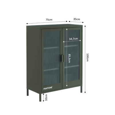 Buffet PANTONE en verre cannelé et métal vert olive foncé 2 portes 75cm