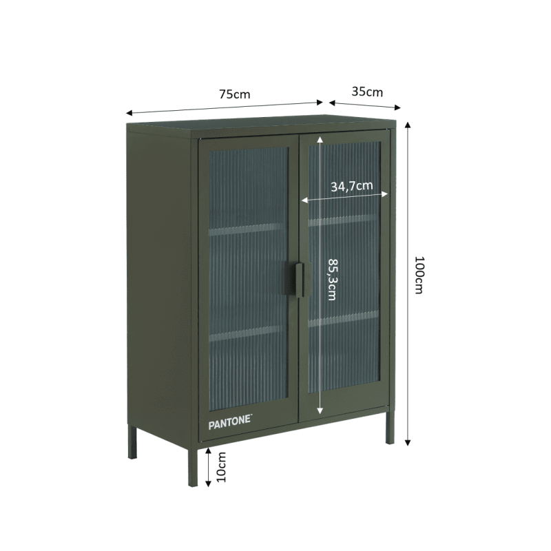 Buffet PANTONE en verre cannelé et métal vert olive foncé 2 portes 75cm