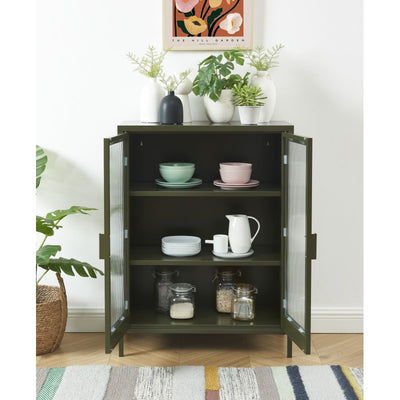 Buffet PANTONE en verre cannelé et métal vert olive foncé 2 portes 75cm