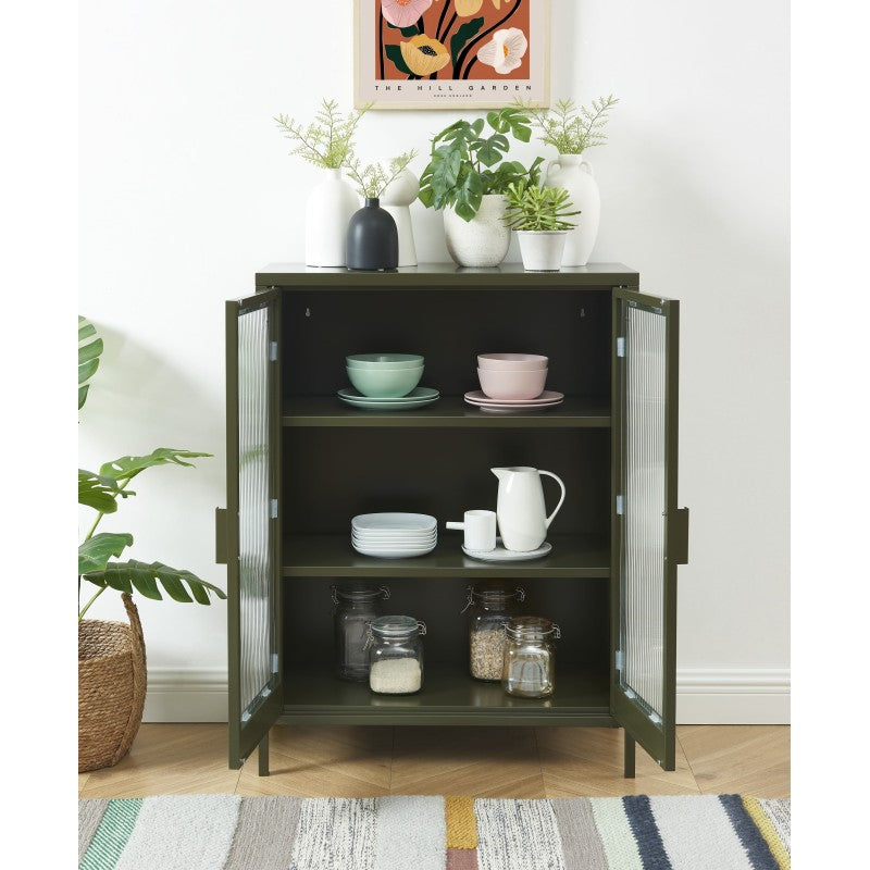 Buffet PANTONE en verre cannelé et métal vert olive foncé 2 portes 75cm