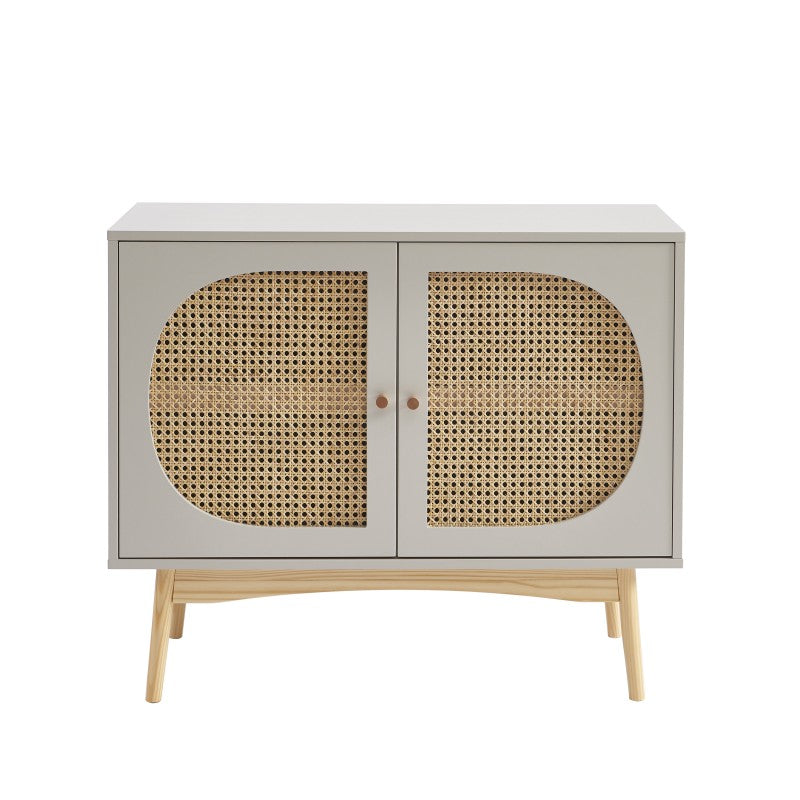 Buffet 2 portes cannage rotin gris perle 90cm, style rétro bohème salon