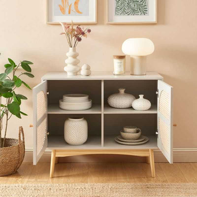 Buffet SIXTINE cannage rotin et gris perle 2 portes 90cm