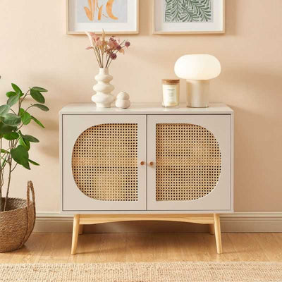 Buffet SIXTINE cannage rotin et gris perle 2 portes 90cm