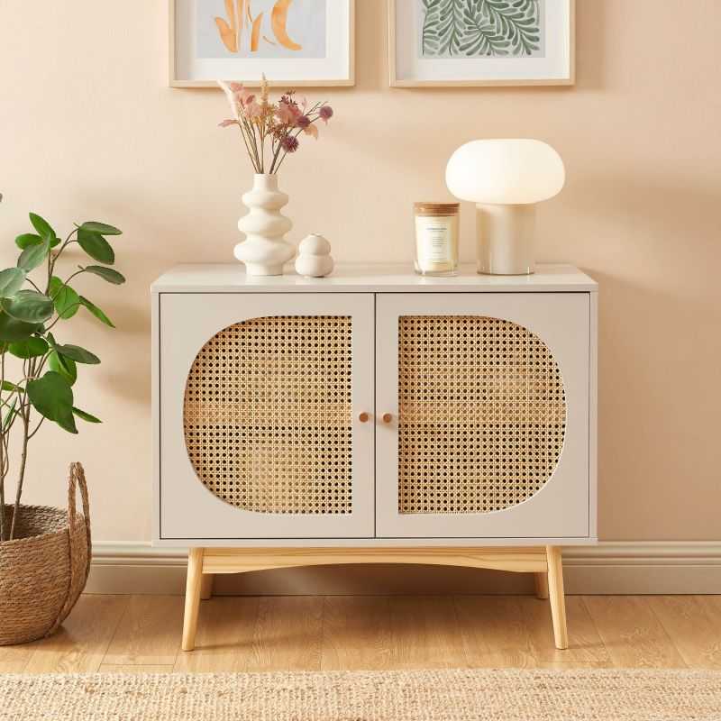 Buffet SIXTINE cannage rotin et gris perle 2 portes 90cm