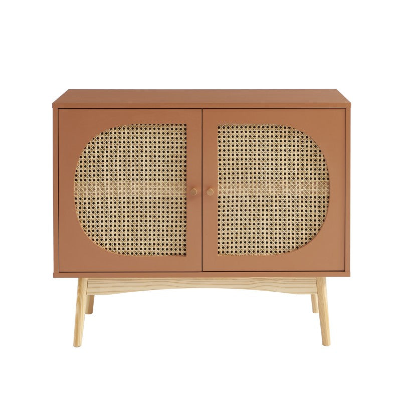 Buffet 2 portes 90cm cannage rotin terracotta, style rétro bohème pour salon ou salle à manger