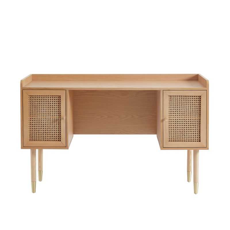 Bureau LEON chêne massif et cannage rotin naturel 130cm, style rétro vintage