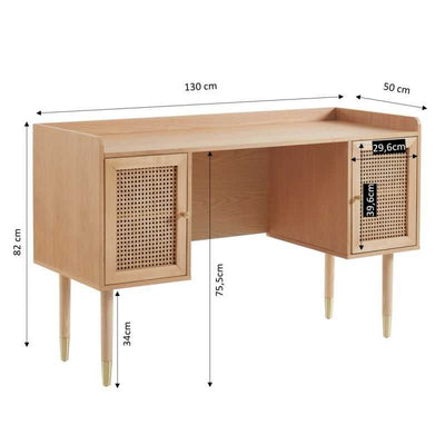 Bureau LEON chêne et cannage rotin 130cm