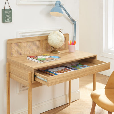 Bureau enfant PABLO cannage rotin et effet bois 95cm