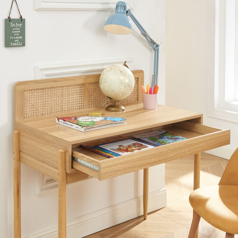 Bureau enfant PABLO cannage rotin et effet bois 95cm