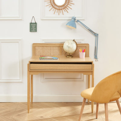 Bureau enfant PABLO cannage rotin et effet bois 95cm