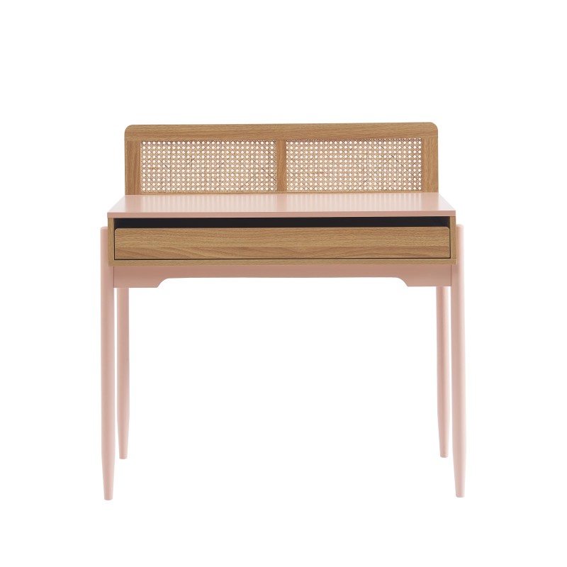 Bureau enfant PABLO rose cannage rotin 95cm, meuble bohème pour chambre enfant