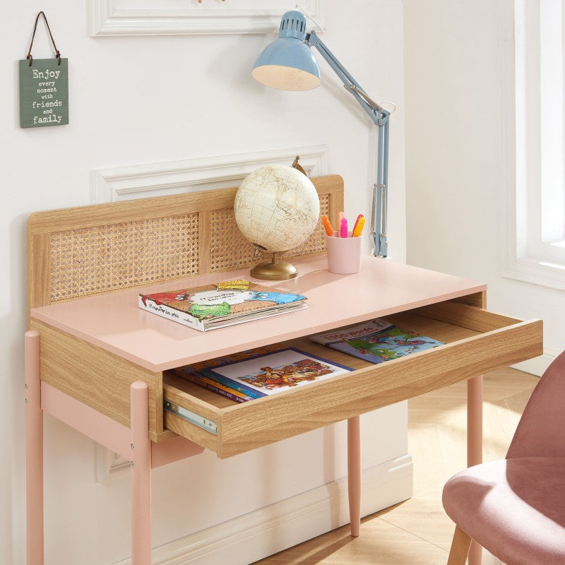 Bureau enfant PABLO rose et cannage rotin 95cm