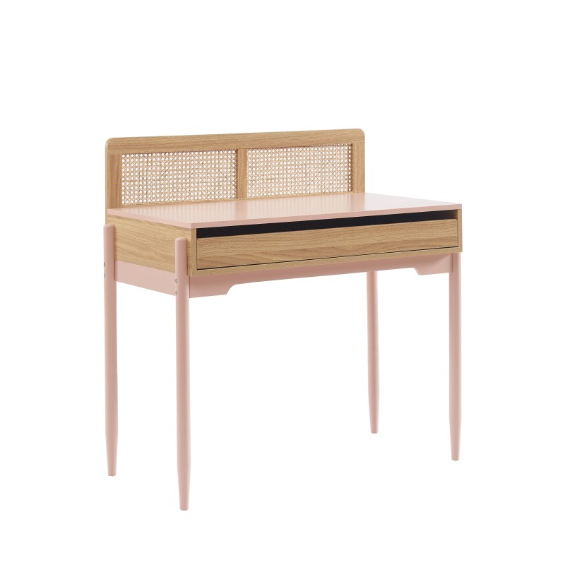 Bureau enfant PABLO rose et cannage rotin 95cm