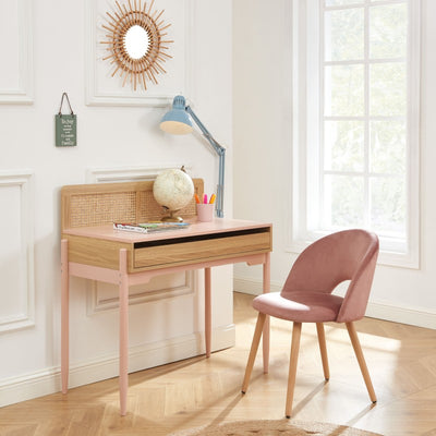 Bureau enfant PABLO rose et cannage rotin 95cm