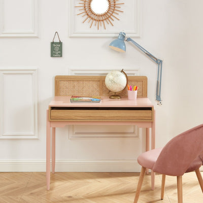 Bureau enfant PABLO rose et cannage rotin 95cm