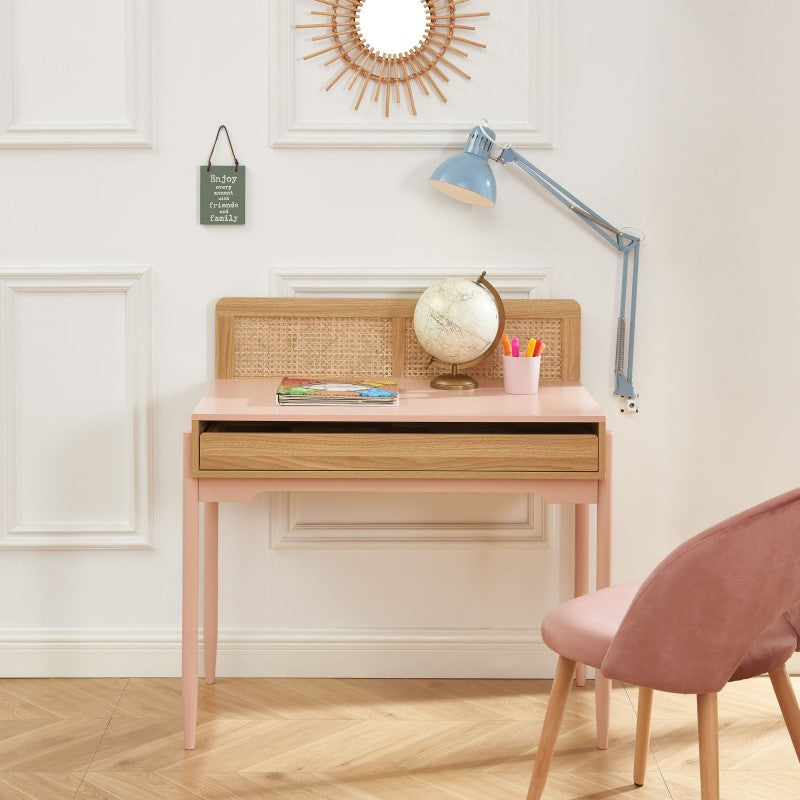 Bureau enfant PABLO rose et cannage rotin 95cm
