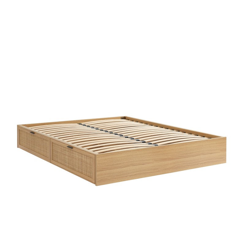 Cadre de lit 140x190 avec tiroirs et cannage rotin naturel, sommier inclus