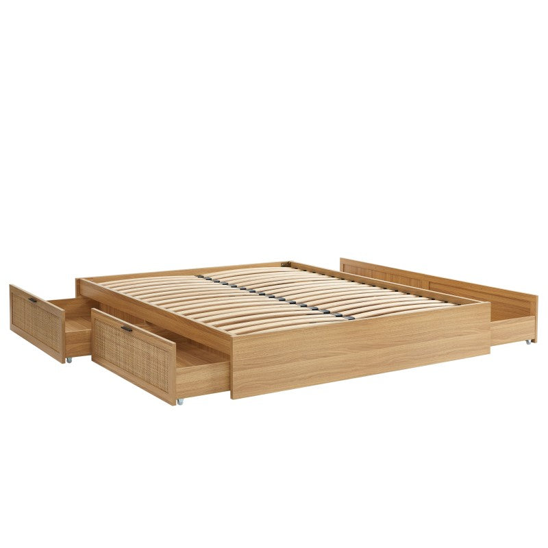 Cadre de lit à tiroirs AMANA 160x200 cannage rotin sommier inclus