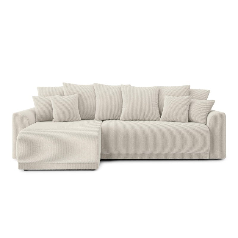 Canapé d'angle convertible 4 places en velours côtelé beige, formes arrondies salon cocooning