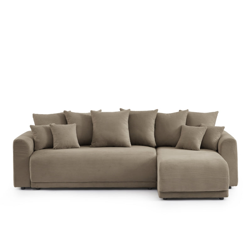 Canapé d'angle convertible 4 places velours côtelé taupe, design moderne réversible
