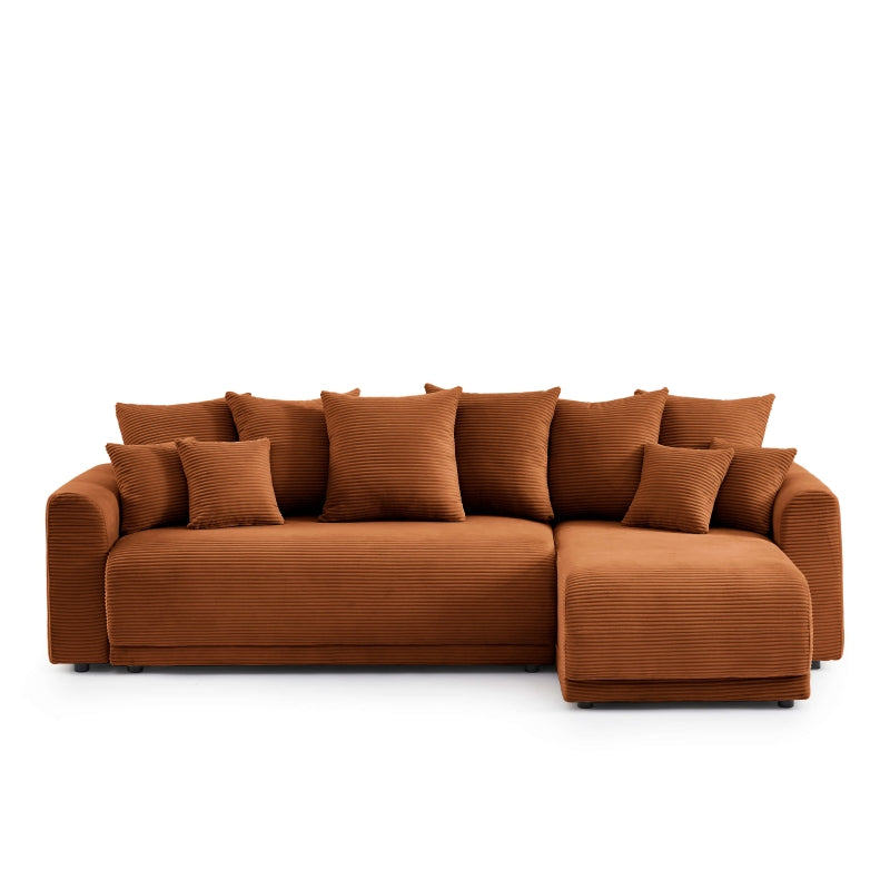 Canapé d'angle convertible 4 places en velours côtelé terracotta, réversible, salon moderne