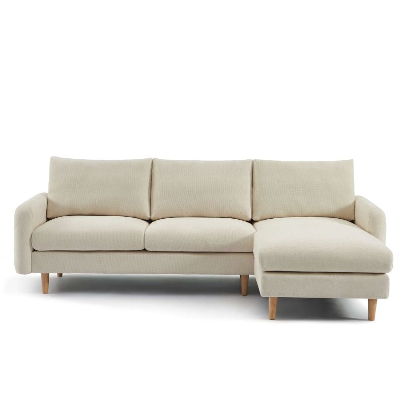 Canapé d'angle réversible 4 places tissu chenille beige, structure bois, salon contemporain