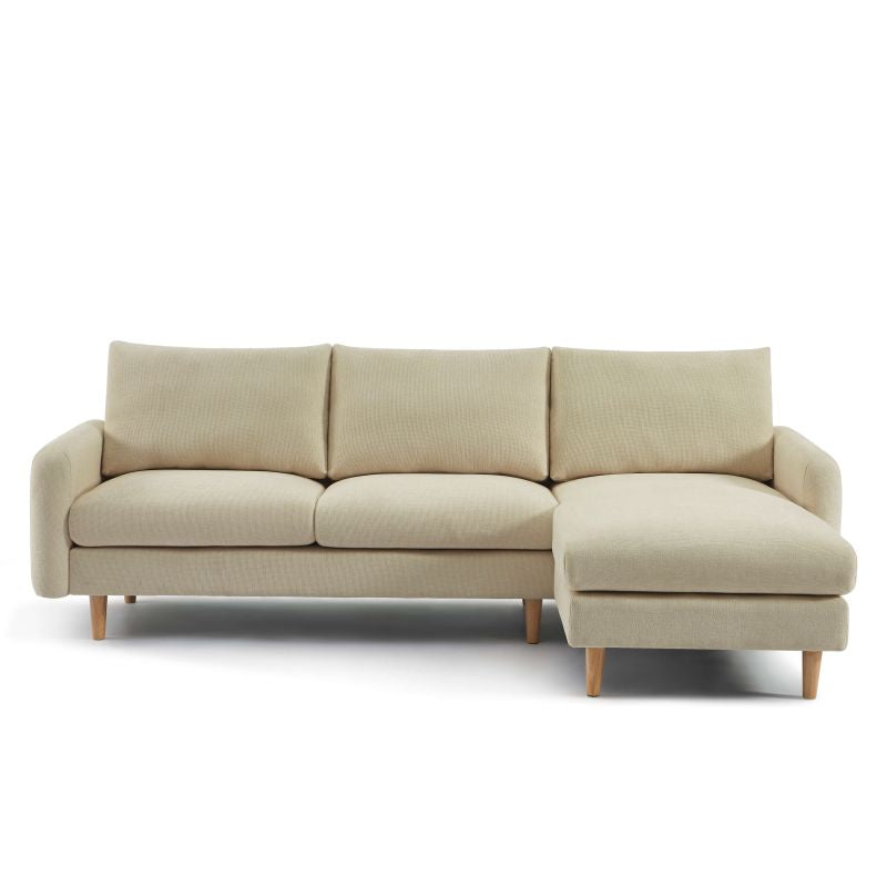 Canapé d'angle réversible 4 places tissu chenille taupe, structure bois eucalyptus