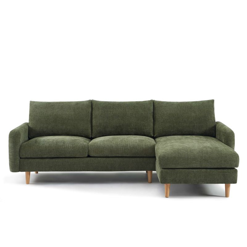 Canapé d'angle réversible 4 places CALIBA tissu chenille vert, structure bois eucalyptus