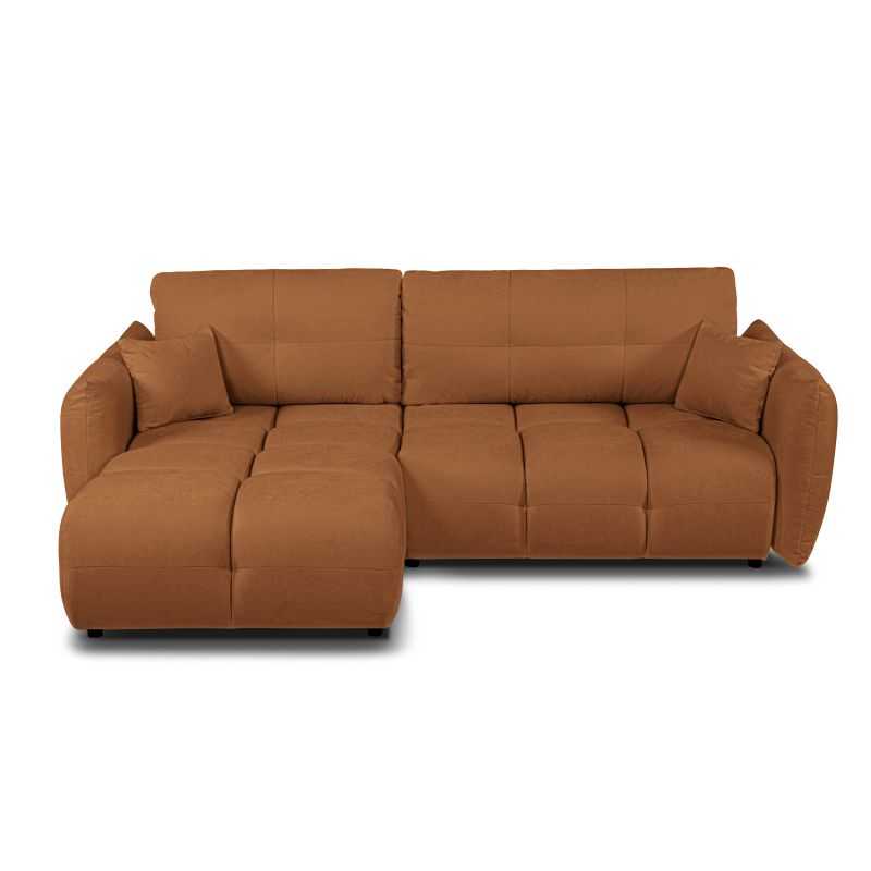 Canapé d'angle convertible 4 places tissu chenille cognac, design cosy et généreux