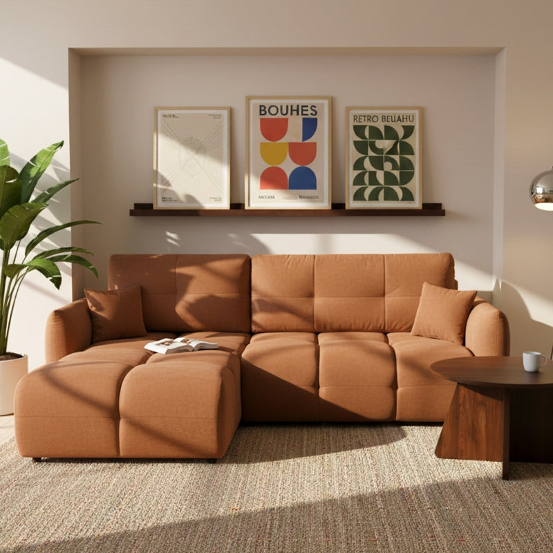 Canapé d'angle convertible et réversible COMO 4 places tissu chenille cognac