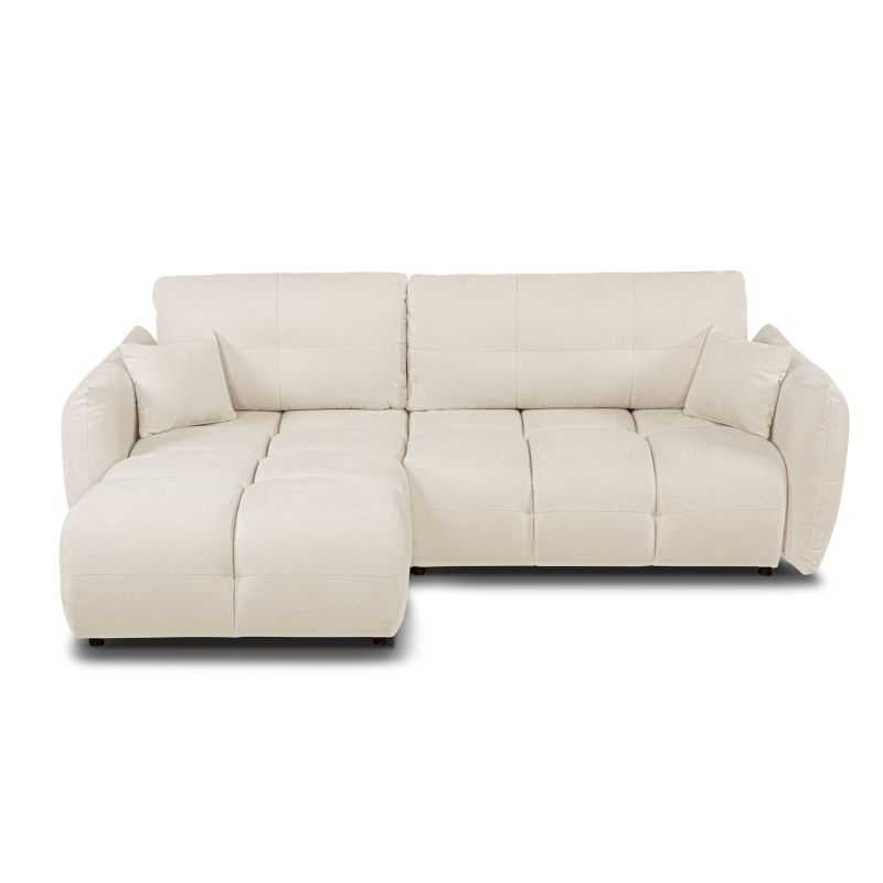 Canapé d'angle convertible 4 places COMO en tissu chenille écru, design cosy et contemporain