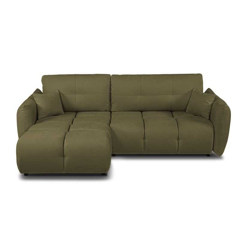 Canapé d'angle convertible 4 places tissu chenille vert kaki, design cosy et contemporain
