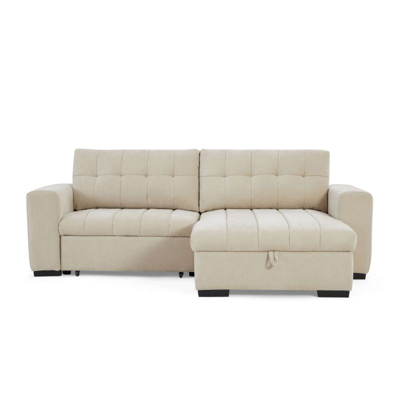 Canapé d'angle convertible 4 places tissu beige avec tiroir, confortable et modulable