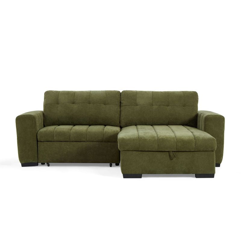 Canapé d'angle convertible 4 places tissu vert réversible, couchage d'appoint intégré