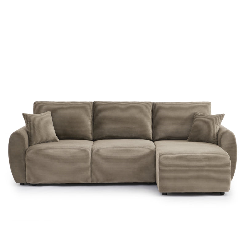 Canapé d'angle convertible 4 places velours côtelé taupe, design moderne et réversible